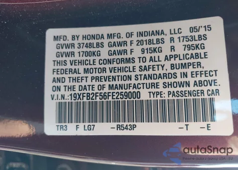 2015 Honda Civic Lx z USA, uszkodzony, nr VIN 19XFB2F56FE259000